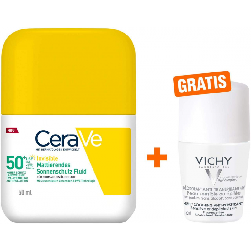 CeraVe Mattierendes Sonnenschutz Fluid LSF 50+ 50 ml + gratis Vichy Deo Roll-on Anti Flecken 48h 50 ml