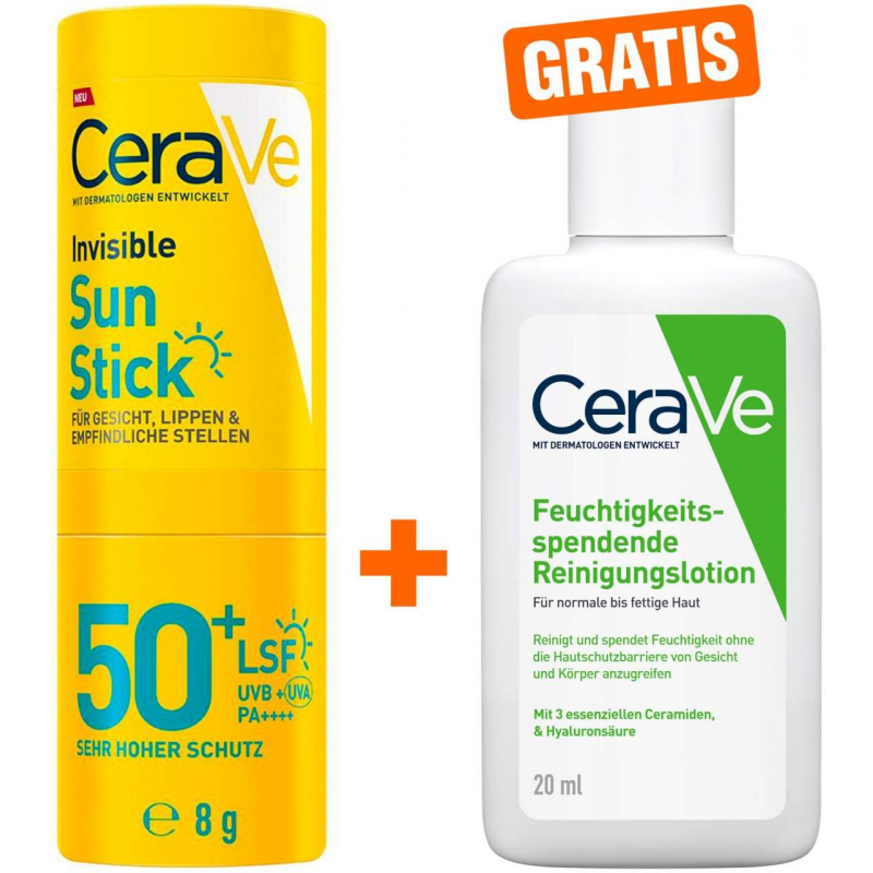 CeraVe Invisible Sun Stick SPF 50+ 8 g + gratis CeraVe Feuchtigkeitspendende Reinigungslotion 20 ml