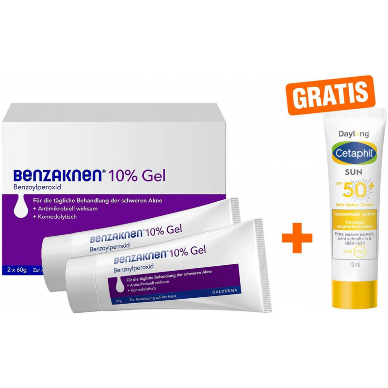 Benzaknen 10% Gel 2 x 60 g + gratis Cetaphil Sun Daylong SPF 50+ Liposomale Lotion 10 ml