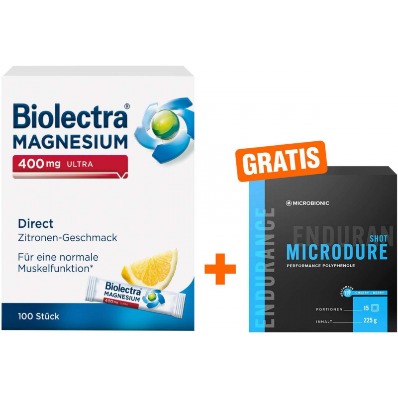 Biolectra Magnesium 400 mg ultra Direct Zitrone 100 Pellets + gratis Microbionic Microdure Shot
