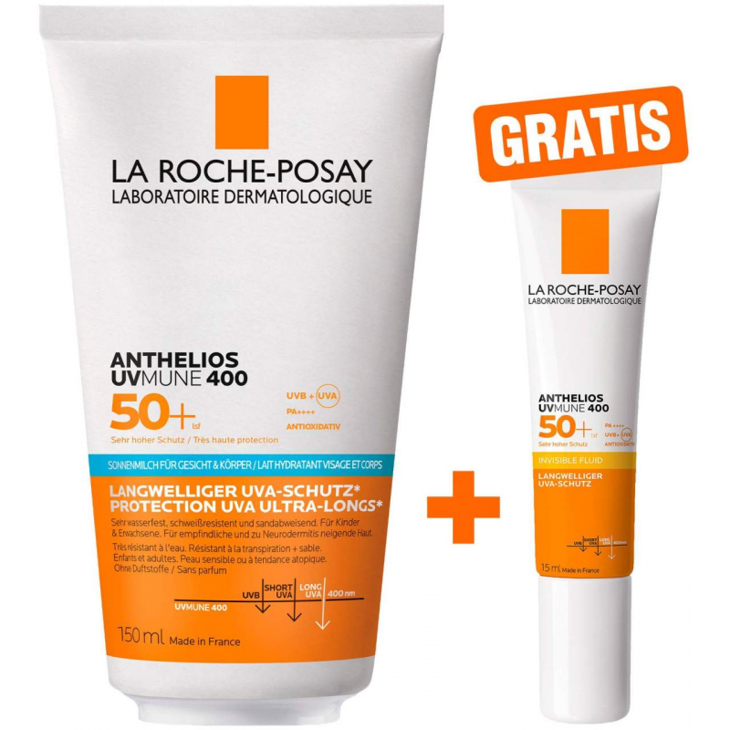 La Roche Posay Anthelios Körper + Gesicht LSF50 150 ml + gratis Anthelios Invisible Fluid UVMune 400 LSF 50+ 15 ml