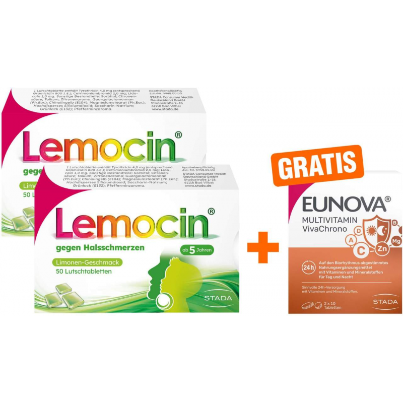 Lemocin gegen Halsschmerzen 2 x 50 Lutschtabletten + gratis Eunova VivaChrono 2 x 10 Tabletten