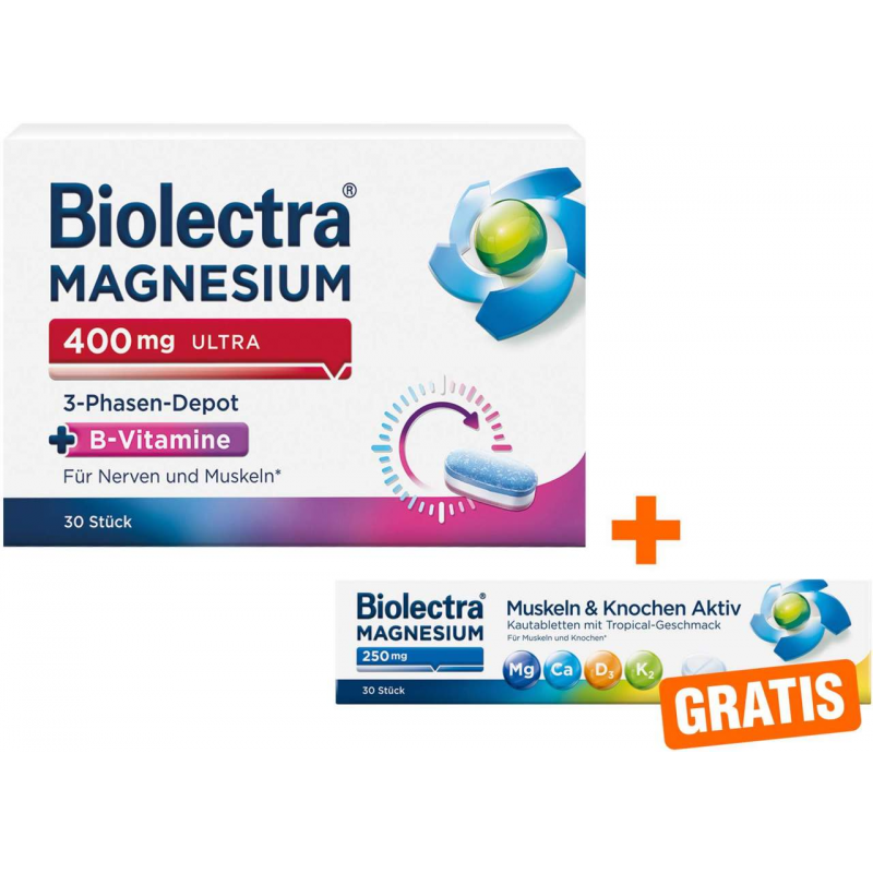 Biolectra Magnesium 400 mg ultra 3-Phasen-Depot 30 Tabletten + gratis Biolectra Magnesium 250 mg Aktiv 30 Kautabletten