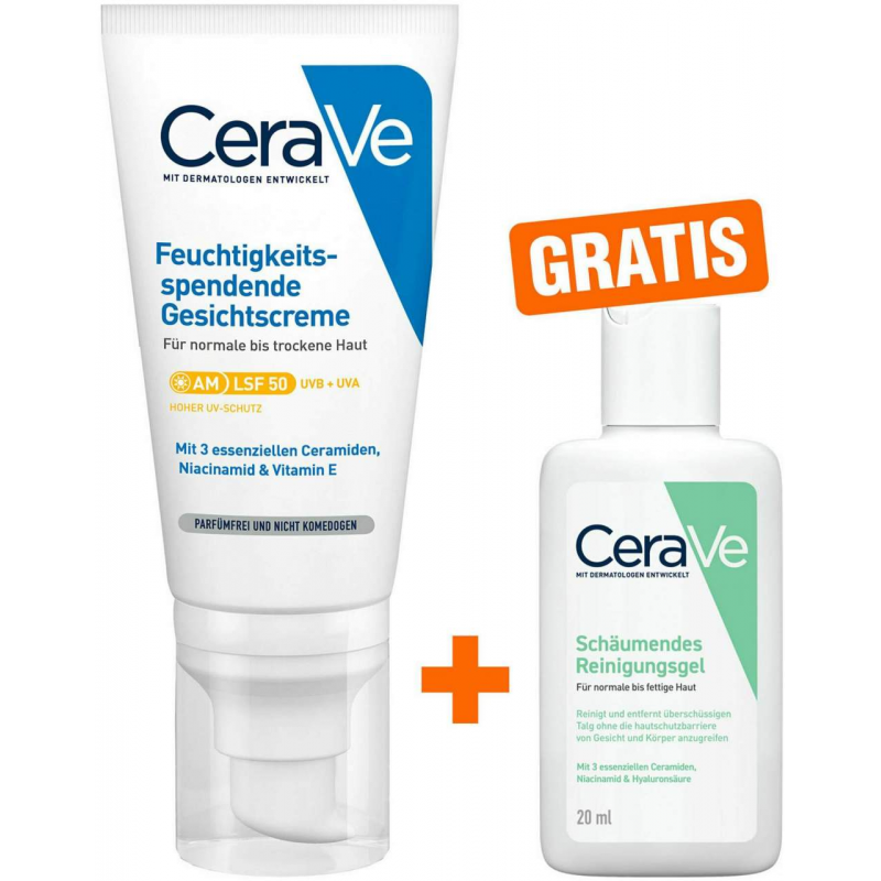 CeraVe Feuchtigkeitsspendende Gesichtscreme LSF 50 52 ml + gratis Schäumendes Reinigungsgel 20 ml