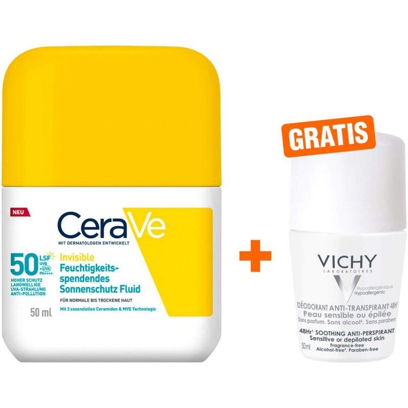 CeraVe Invisible Feuchtigkeitsspendendes Sonnenschutz Fluid LSF50 50 ml + gratis Vichy Deo Roll-on 48h 50 ml