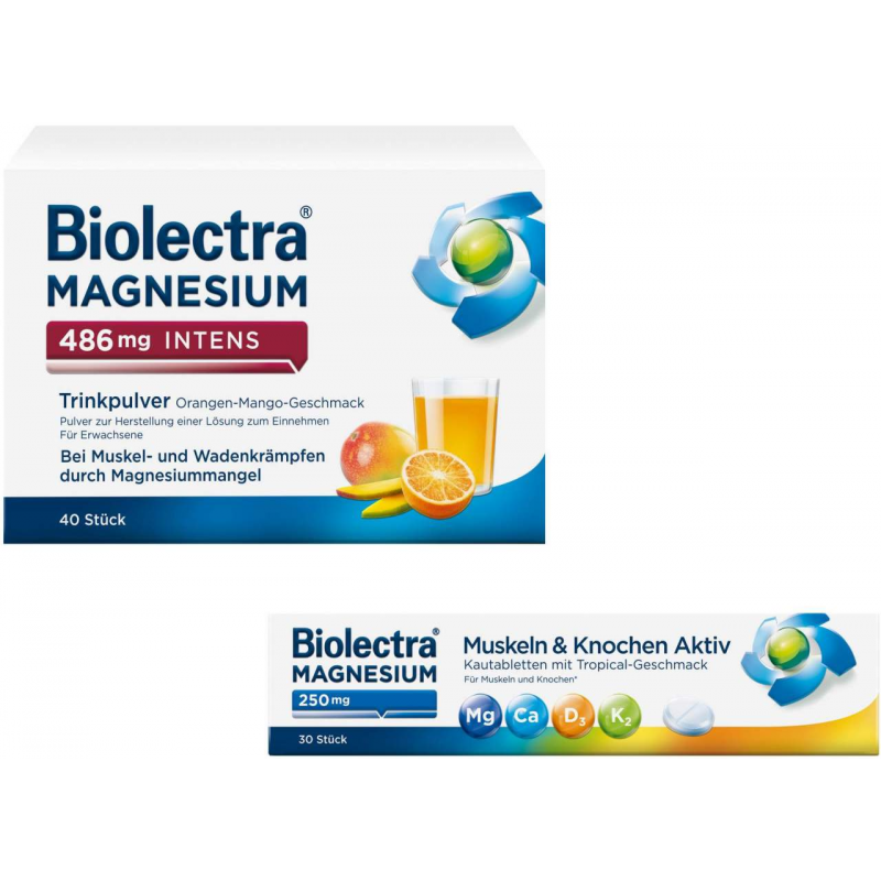 Biolectra Magnesium 486 mg intens Trinkpulver Orange-Mango 40 Stück + gratis Biolectra Magnesium 250 mg 30 Kautabletten