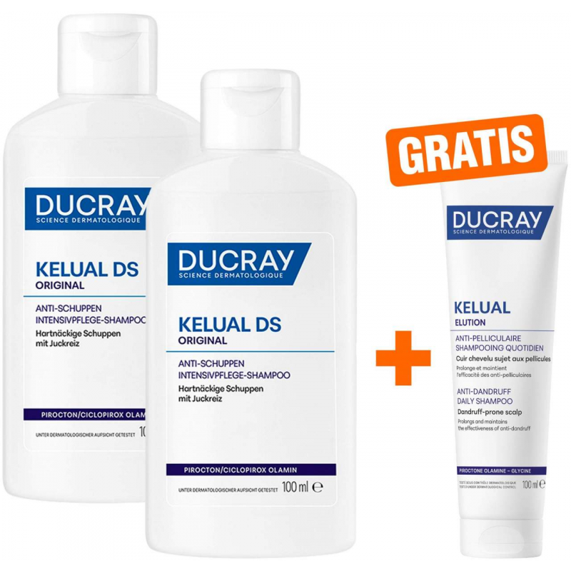 Ducray Kelual DS Shampoo 2 x 100 ml + gratis Elution ausgl.Shampoo 100 ml