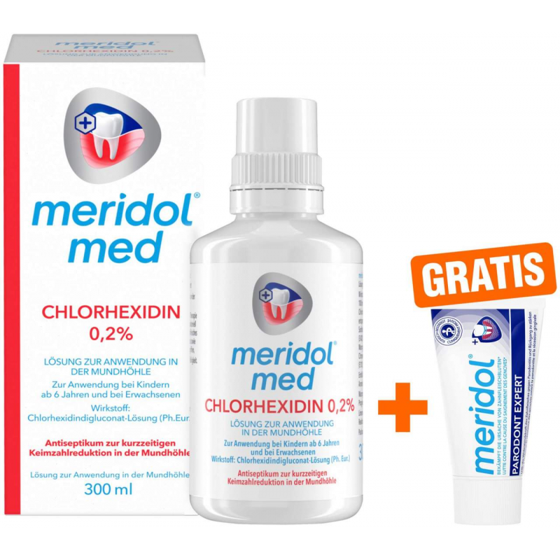 Meridol med Chlorhexidin 0,2% Lösung 300 ml + gratis Meridol Parodont Expert Zahnpasta 20 ml