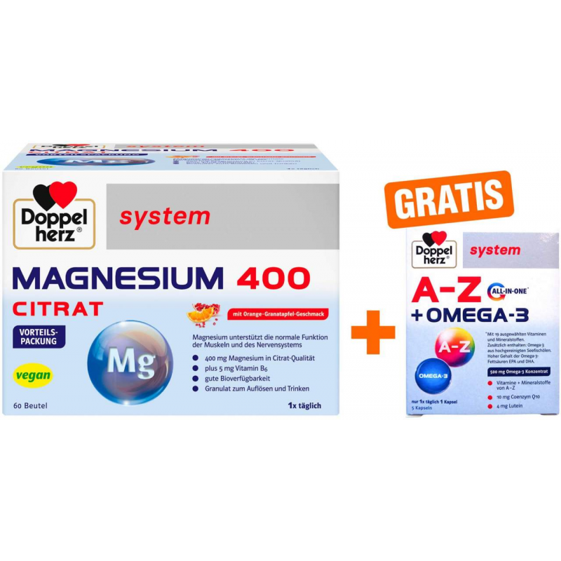 Doppelherz system Magnesium 400 Citrat Granulat 60 Beutel + gratis Doppelherz system Omega-3 Konzentrat 5 Kapseln