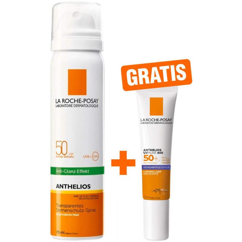 La Roche Posay Anthelios transparentes Gesichtsspray LSF50 75 ml + gratis La Roche Posay Anthelios Anti-Pigment 15 ml
