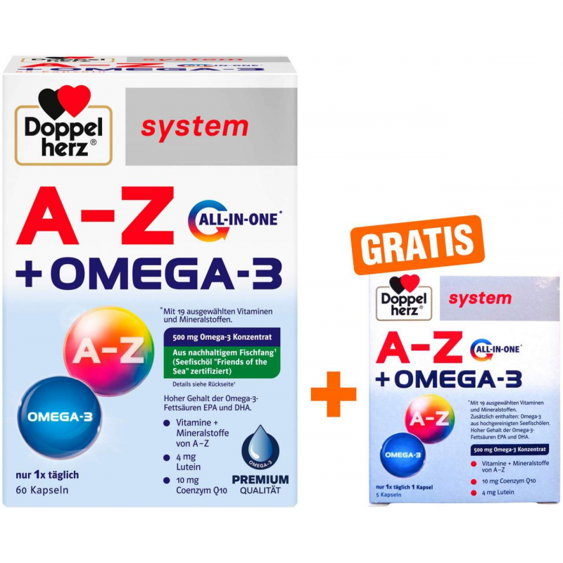Doppelherz system A-Z + Omega-3 all-in-one 60 Kapseln + gratis Doppelherz A-Z + Omega-3 all-in-one sytsem 5 Kapseln