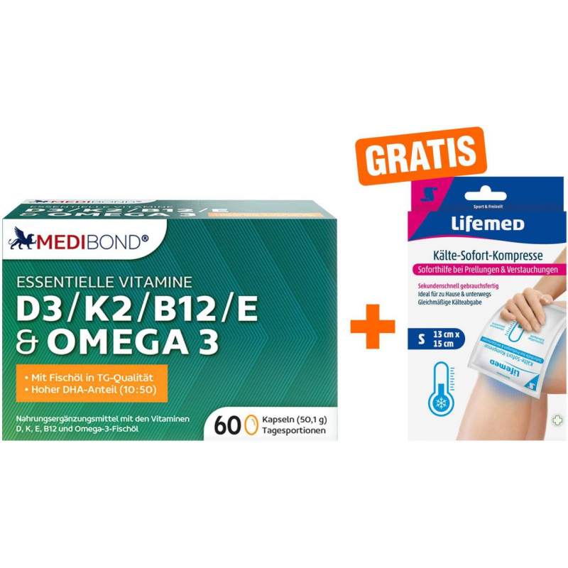 MEDIBOND D3, K2, B12, E & Omega 3 + gratis Kälte Kompresse