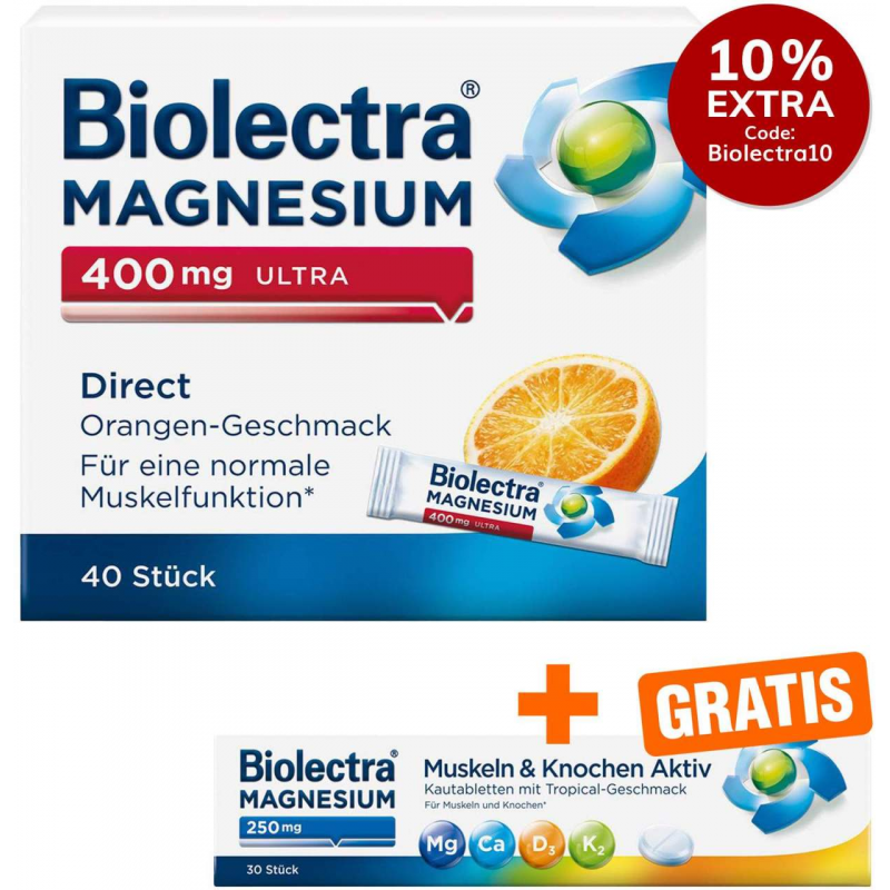 Biolectra Magnesium 400 mg ultra Direct Orangengeschmack 40 Pellets + gratis Magnesium 250 mg Aktiv 30 Kautabletten