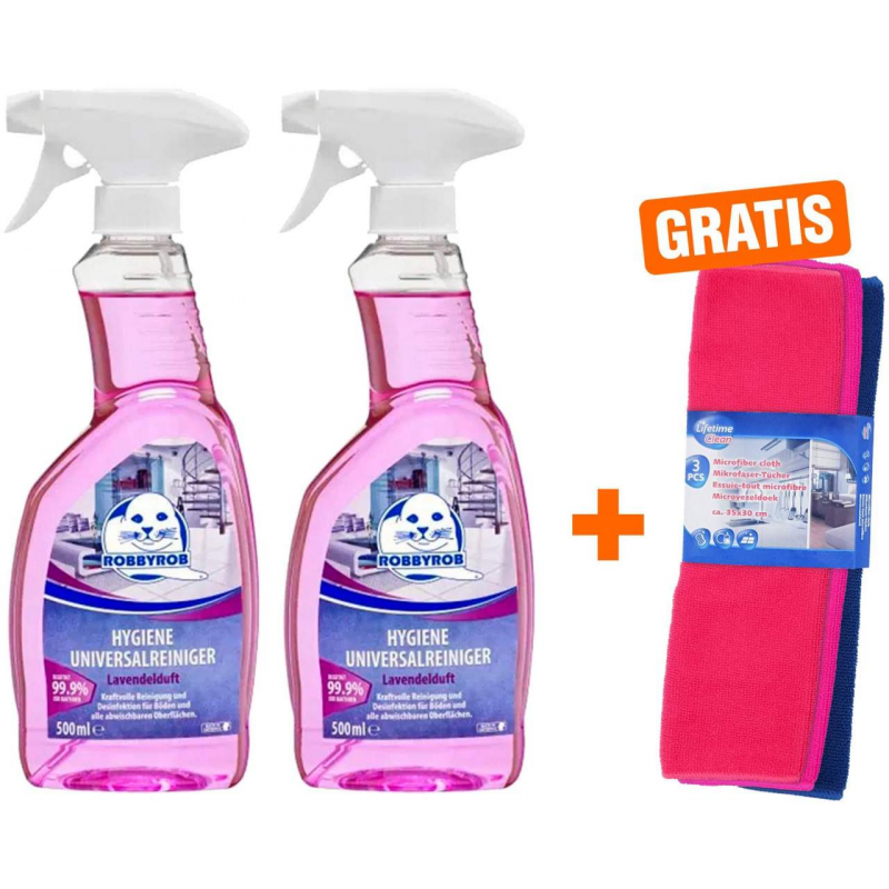 Hygiene Universalreiniger Lavendel 2x 500 ml + gratis Mikrofaser Reinigungstücher 3 Stück