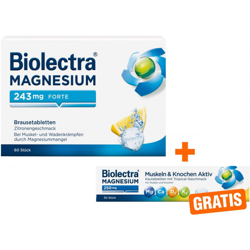 Biolectra Magnesium 243 mg forte Zitronengeschmack 60 Brausetabletten + gratis Magnesium 250 mg 30 kautabletten