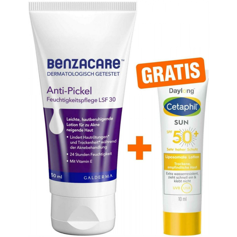 Benzacare Anti-Pickel Feuchtigkeitspflege LSF 30 50 ml + gratis Cetaphil Daylong SPF 50+ liposomale Lotion 10 ml