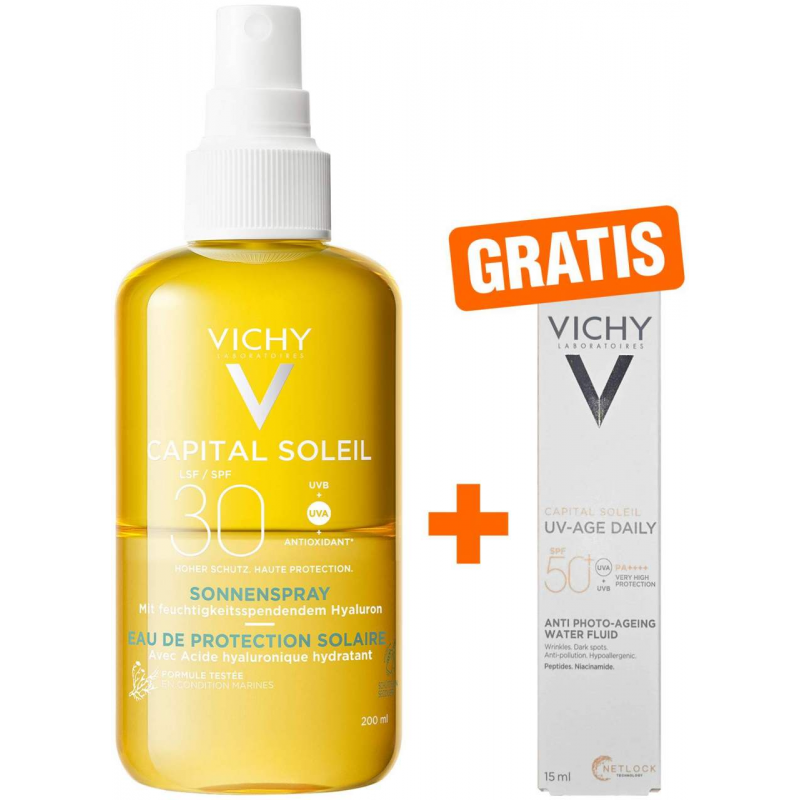 Vichy Capital Soleil Sonnenspray mit Hyaluron LSF30 200 ml + gratis Vichy Capital Soleil UV-Age Daily LSF 50+ 15 ml
