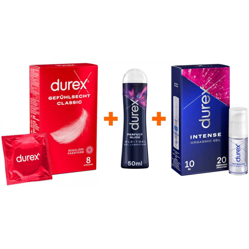 Durex Gefühlsecht Classic 8 Kondome + Perfect Glide Gleitgel 50 ml + Intense Orgasmic Gel 10 ml