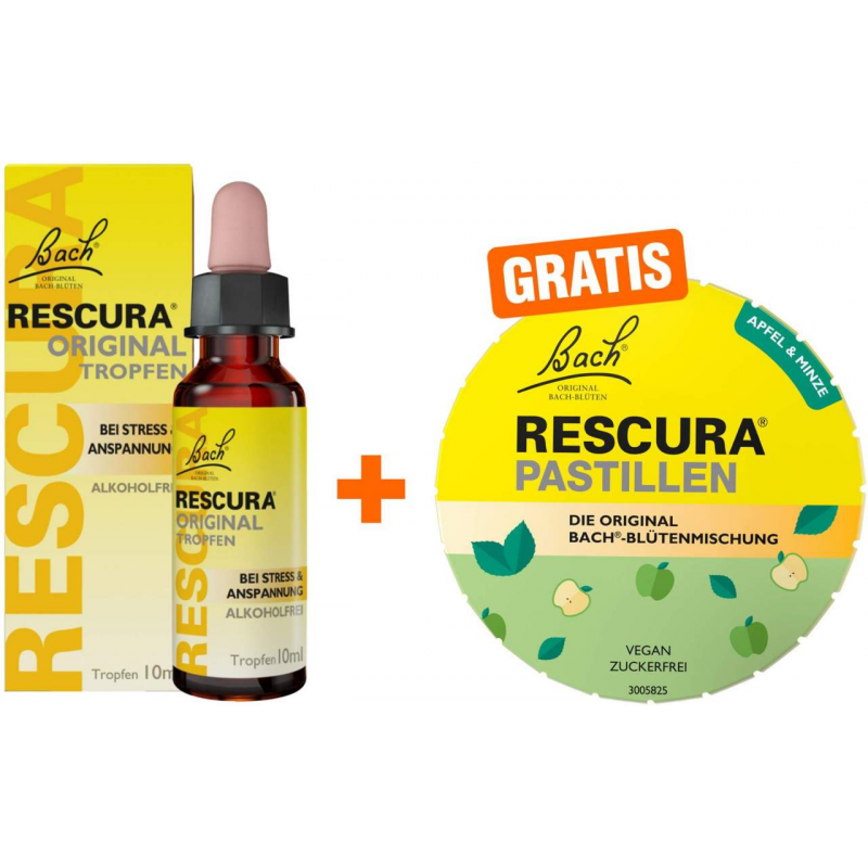 Bachblüten Rescura 10 ml Tropfen alkoholfrei - gratis Bach Original Rescura Apfel - Minze 50 g Pastillen