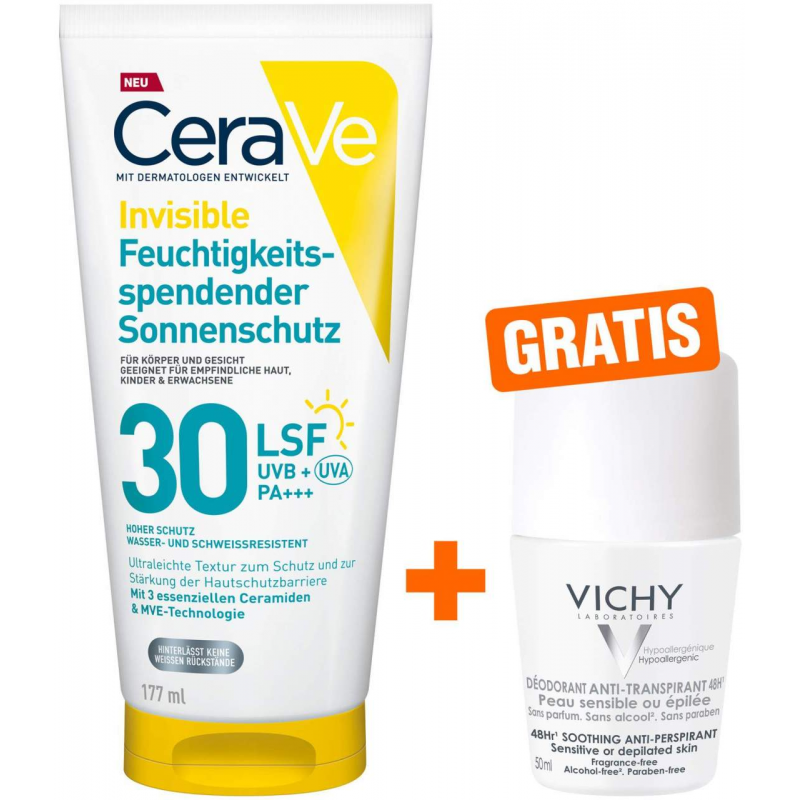 CeraVe Feuchtigkeitsspendender Sonnenschutz LSF 30 177 ml + gratis Vichy Deo Stress Resist 72h 50 ml