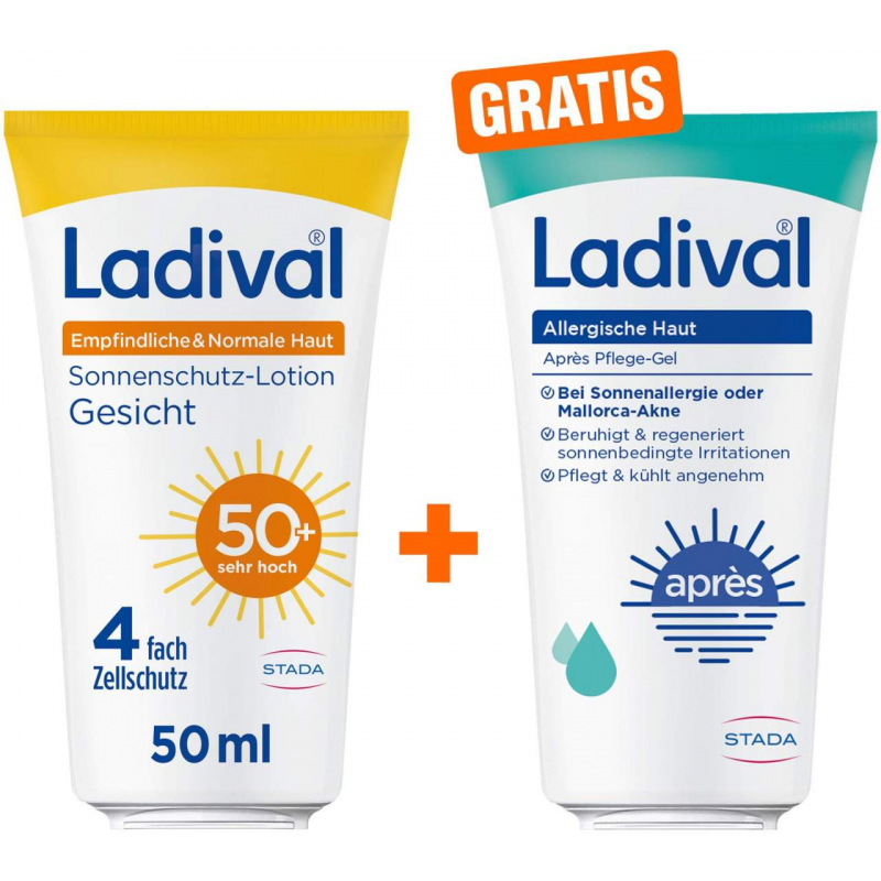 Ladival empfindliche und normale Haut Sonnenschutz-Lotion Gesicht LSF 50+ 50 ml + gratis Apres Pflege-Gel 50 ml