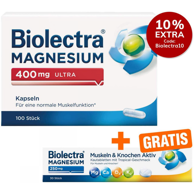 Biolectra Magnesium 400mg ultra 100 Kapseln + gratis Magnesium 250 mg Muskeln und Knochen Aktiv 30 Kautabletten