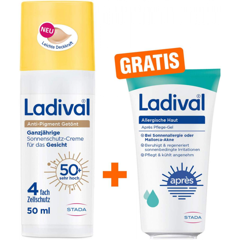 Ladival Anti-Pigment Sonnenschutz-Creme getönt LSF 50+ 50 ml + gratis Ladival allergische Haut Apres Pflege-Gel 50 ml
