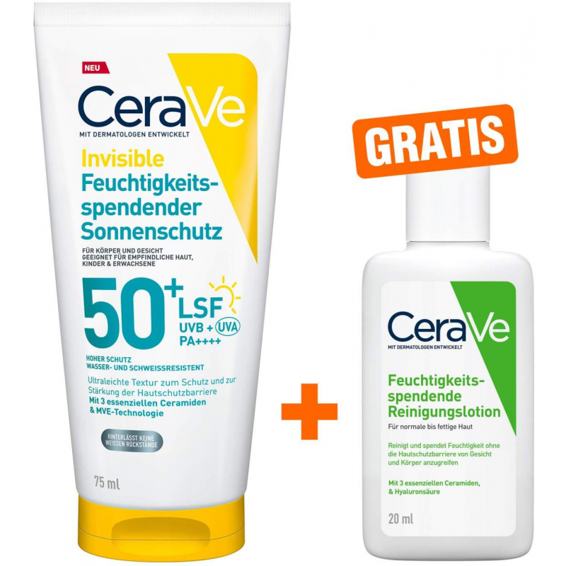 CeraVe Feuchtigkeitsspendender Sonnenschutz LSF 50+ 75 ml + gratis CeraVe Feuchtigkeitsspendende Reinigungslotion 20 ml
