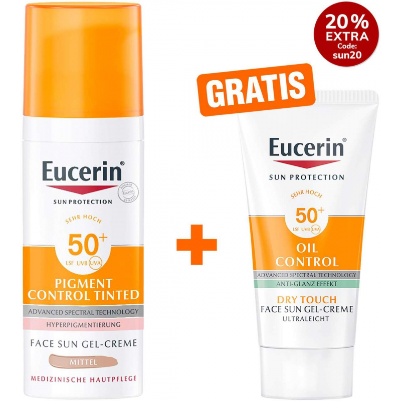Eucerin Sun Pigment Control Face fluid Getönt (Mittel) LSF 50+ 50 ml + gratis Sun Gel-Creme Oil Control 20 ml