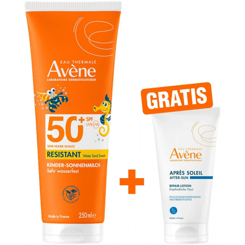 Avene Sunsitive Kinder Sonnenmilch SPF 50 + 250 ml Milch + gratis Repair - Lotion nach der Sonne 50 ml