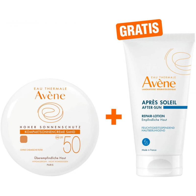 Avene Kompaktsonnencreme SPF 50 sand 10 g Creme + gratis Repair - Lotion nach der Sonne 50 ml