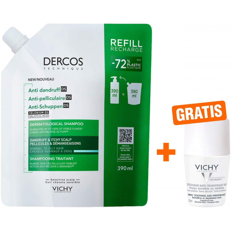 Vichy Dercos Anti-Schuppen Shampoo fettige Kopfhaut Nachfüllpack 390ml + gratis Vichy Deo Roll-on 50ml