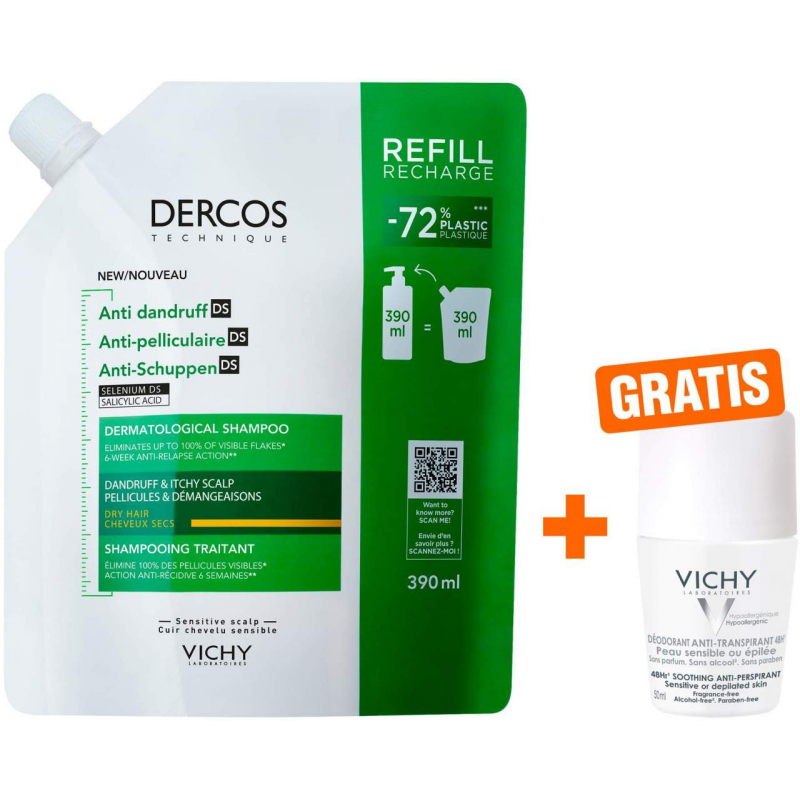 Vichy Dercos Anti-Schuppen Shampoo trockene Kopfhaut Nachfüllpack 390ml + gratis Vichy Deo Roll-on 50ml