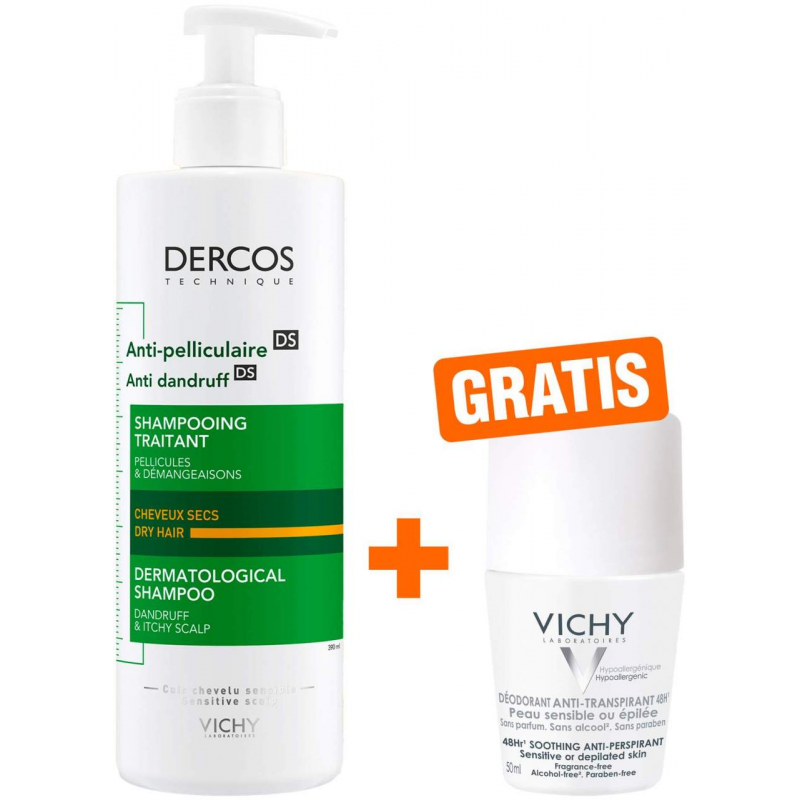 Vichy Dercos Anti Schuppen Shampoo trockene Kopfhaut + gratis Vichy Deo Roll-on Anti Flecken 48h 50 ml