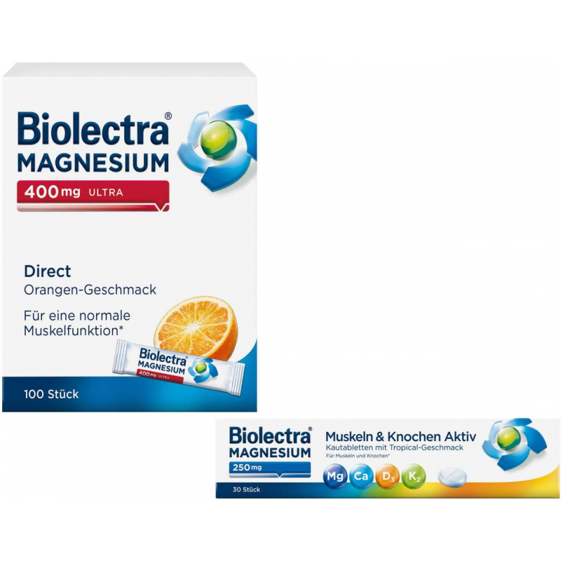 Biolectra Magnesium 400 mg ultra Direct Orangengeschmack 100 Pellets + gratis Magnesium 250 mg 30 Kautabletten