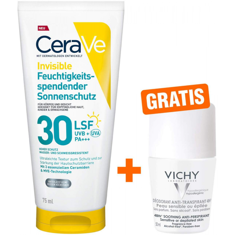 CeraVe Invisible Feuchtigkeitsspendender Sonnenschutz LSF 30 75 ml + gratis Vichy Deo Roll-on Anti Flecken 48h 50 ml