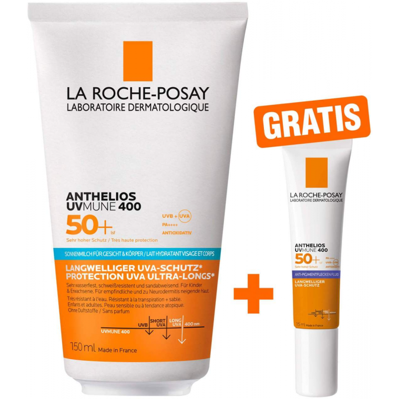 La Roche Posay Anthelios Körper + Gesicht LSF 50 150 ml + gratis La Roche Posay Anthelios Anti-Pigment Fluid 15 ml