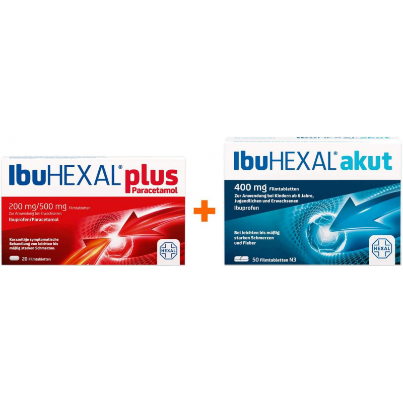 Ibu Hexal akut 400 mg 50 Filmtabletten + Ibu Hexal plus Paracetamol 20 Tabletten