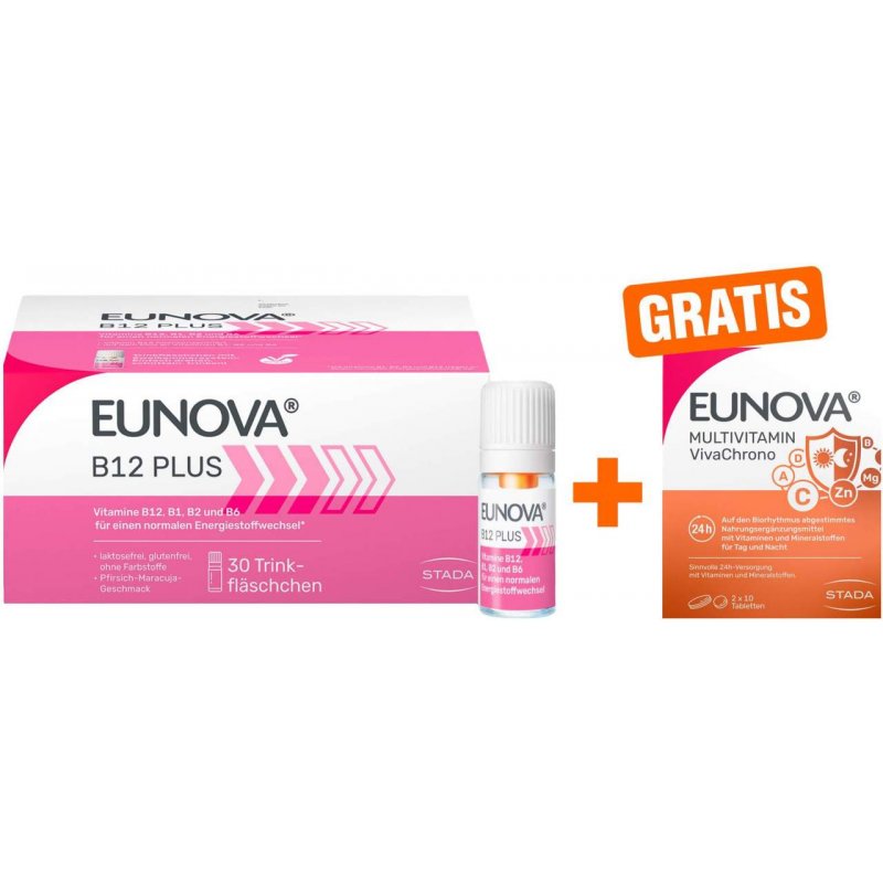Eunova B12 Plus 30 x 8 ml Trinkfläschchen + gratis Eunova VivaChrono 2 x 10 Tabletten
