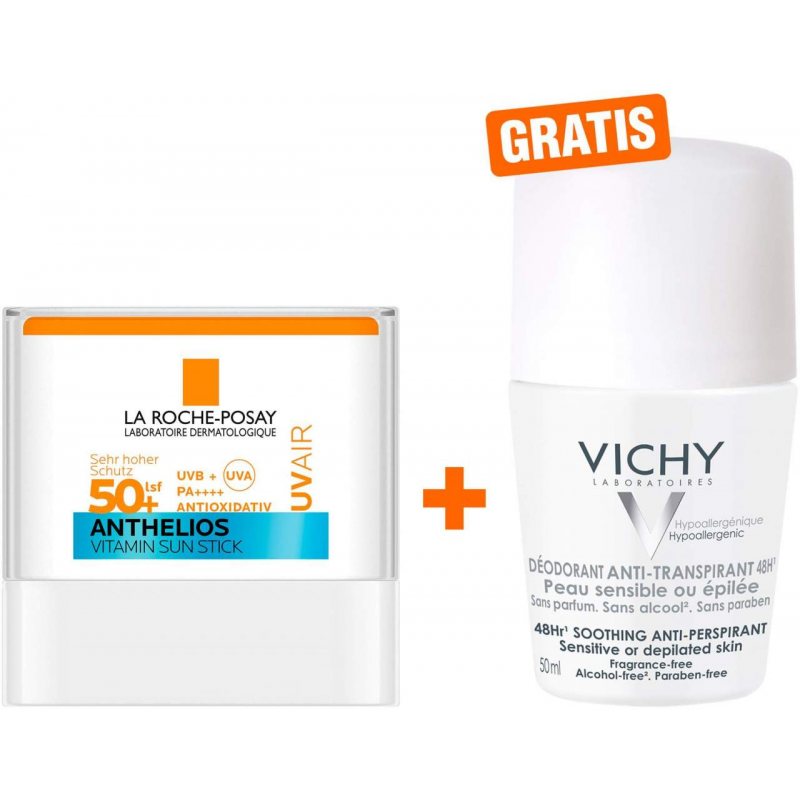 La Roche Posay Anthelios UV Air Stick LSF 50+ 9 g + gratis Vichy Deo Roll-on Anti Flecken 48h 50 ml