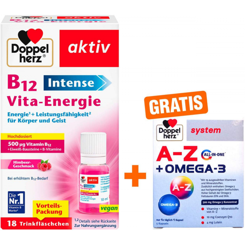 Doppelherz aktiv B12 Intense Vita-Energie 18 Trinkampullen + gratis Doppelherz A-Z + Omega-3 all-in-one system 5 Kapseln