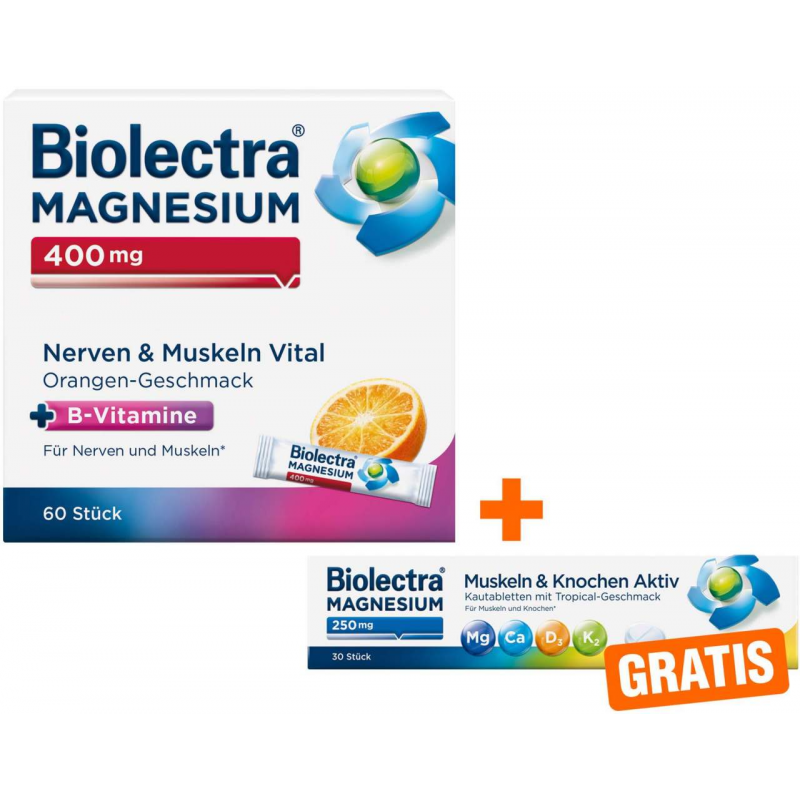 Biolectra Magnesium 400 mg Nerven & Muskeln Vital 60 Beutel + gratis Magnesium 250 mg Aktiv 30 Kautabletten