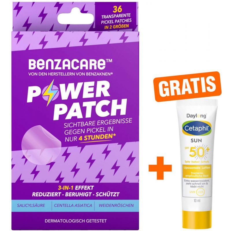 Benzacare Power Patch gegen Pickel 36 Pflaster + gratis Cetaphil Sun Daylong SPF 50+ liposomale Lotion 10 ml