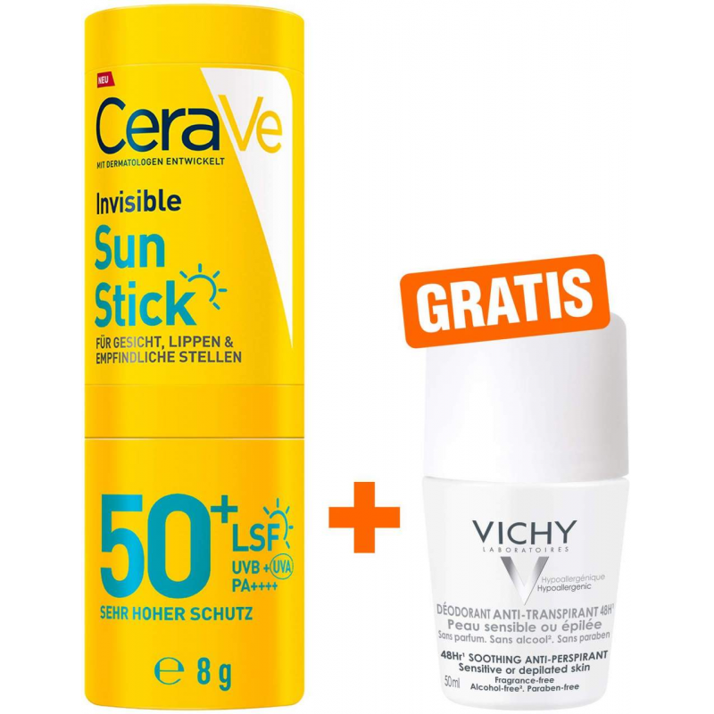 CeraVe Invisible Sun Stick SPF 50+ 8 g + gratis Vichy Deo Roll-on Anti Flecken 48h 50 ml