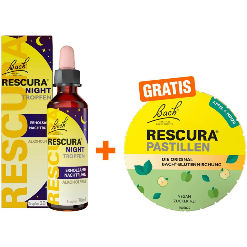 Bachblüten Rescura Night alkoholfrei 20 ml Tropfen + gratis Bach Original Rescura Apfel - Minze 50 g Pastillen