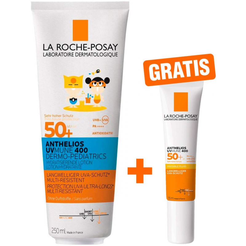 La Roche Posay Anthelios Dermo-Kids Hydratisierende Milch UVMune 400 LSF50 250 ml + gratis Invisible LSF 50+ 15 ml