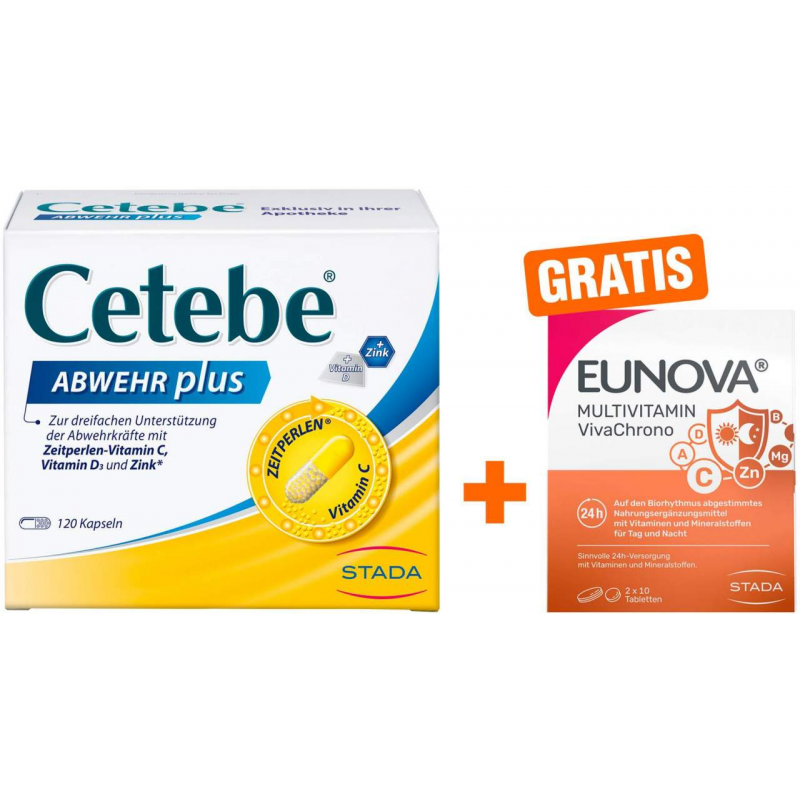 Cetebe Abwehr plus Vitamin C + Vitamin D3 + Zink 120 Kapseln + gratis Eunova VivaChrono 2 x 10 Tabletten