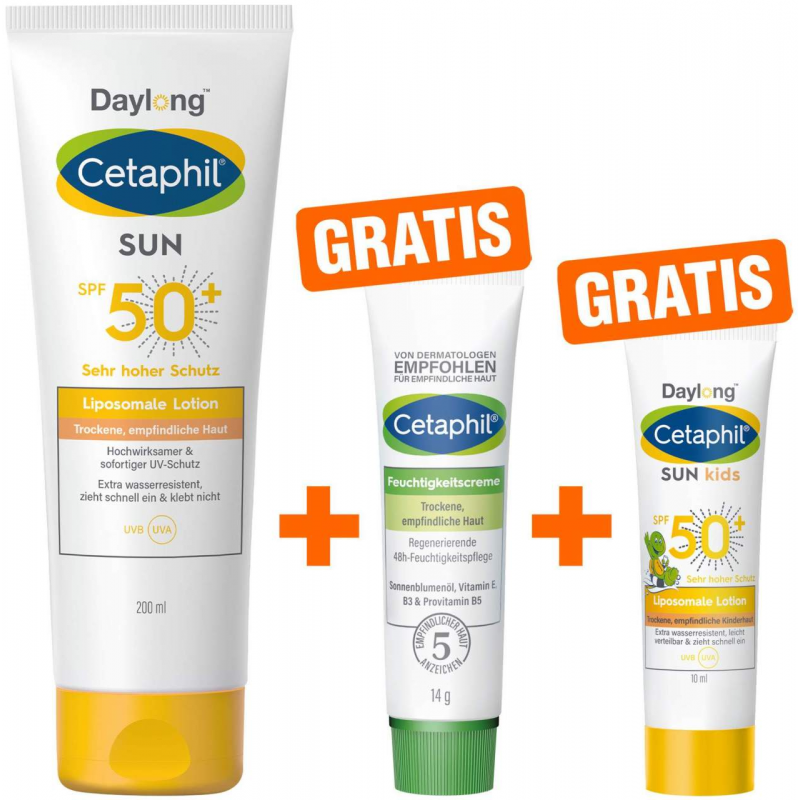 Cetaphil Sun Daylong SPF 50+ lipo. Lotion 200 ml + gratis Feuchtigkeitscreme 14 g + gratis liposomale Lotion 10 ml