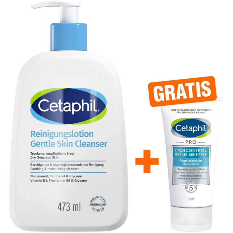 Cetaphil Reinigungslotion für Körper und Gesicht 473 ml + gratis Cetaphil Pro Itch Cotrol Repair Handcreme 50 ml
