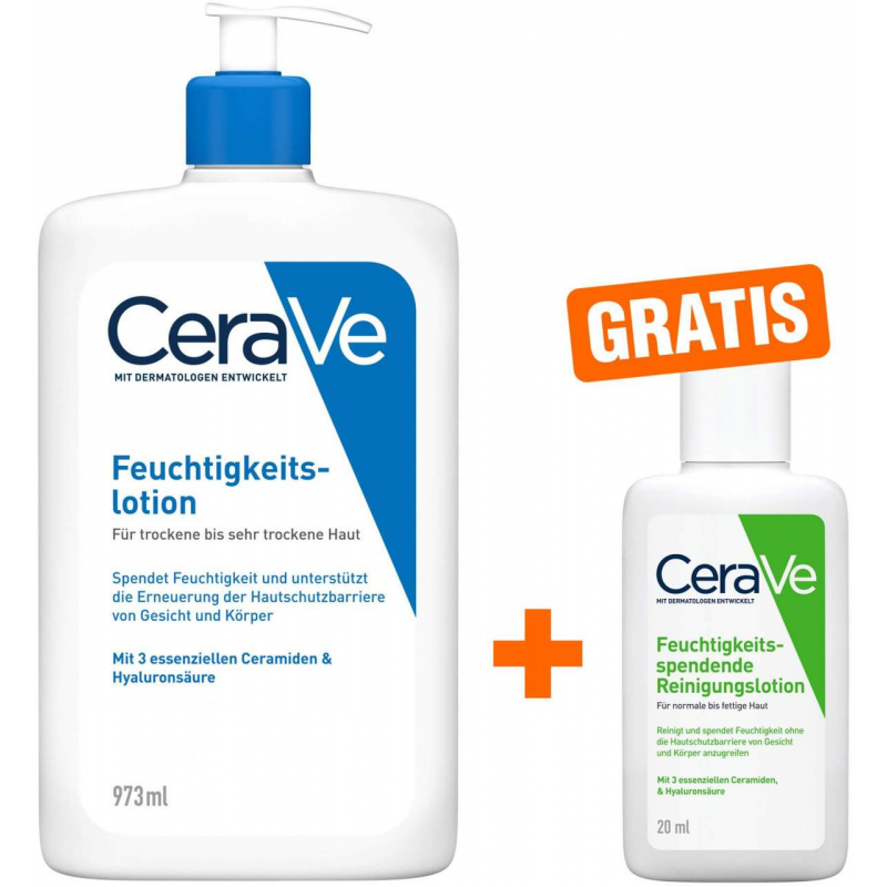 CeraVe Feuchtigkeitslotion 973 ml + gratis feuchtigkeitsspendende Reinigungslotion 20 ml